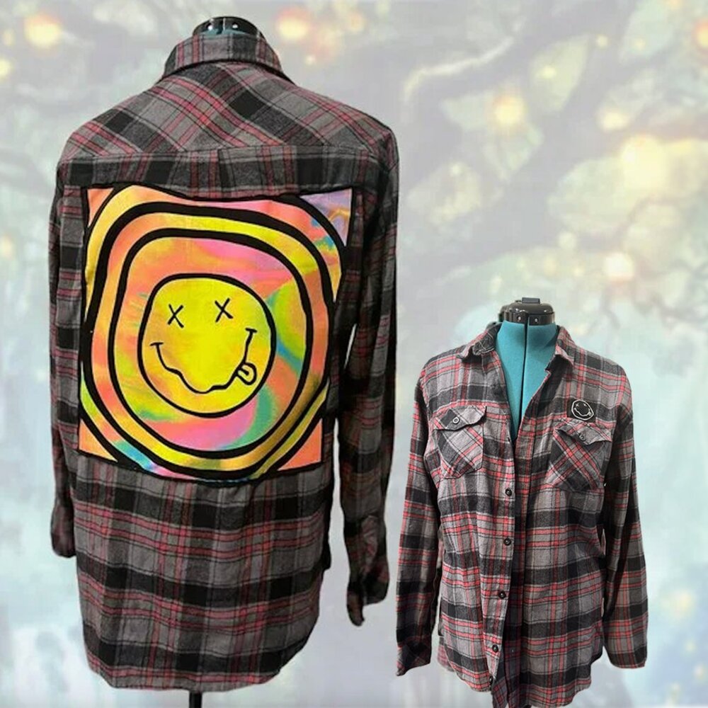 Nirvana Smiley Upcycled Flannel (Burnside) – XL Oversized Grunge Shacket